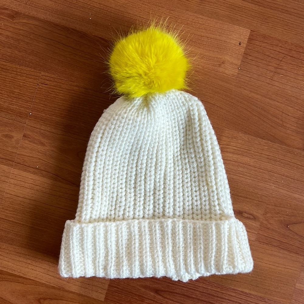 White Winter Hat with Yellow Puff - Picture 1 of 2